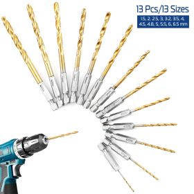 13 Pcs Hex Shank Drill Bit Set Titanium Coated Twist Drill Set High Speed Steel