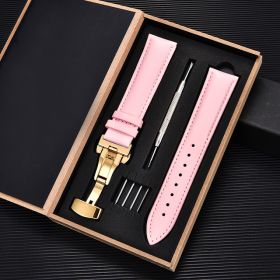 Unisex Double-sided Head Layer Cowhide Buckle Type Leather Watch Strap Bow Buckle Premium Needle Pattern (Option: Pink-Gold-20mm)