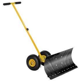 Adjustable Handle Outdoor Blade Rolling Snow Pusher Shovel With Wheels (Color: Yellow, Type: Snow Shovels)