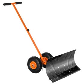 Adjustable Handle Outdoor Blade Rolling Snow Pusher Shovel With Wheels (Color: Orange, Type: Snow Shovels)