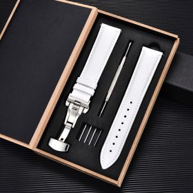 Unisex Double-sided Head Layer Cowhide Buckle Type Leather Watch Strap Bow Buckle Premium Needle Pattern (Option: White-Silver-16mm)